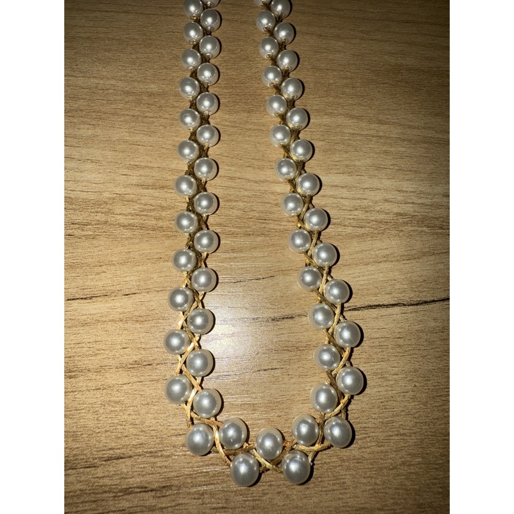 Vintage 26" Faux Pearl‎ Beaded Gold Tone Braided Chain Necklace